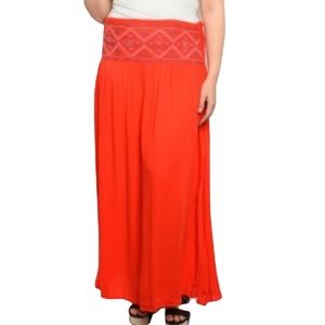 Red Orange Plus Size Embroidered 1X-3X Tribal Pattern Maxi Skirt